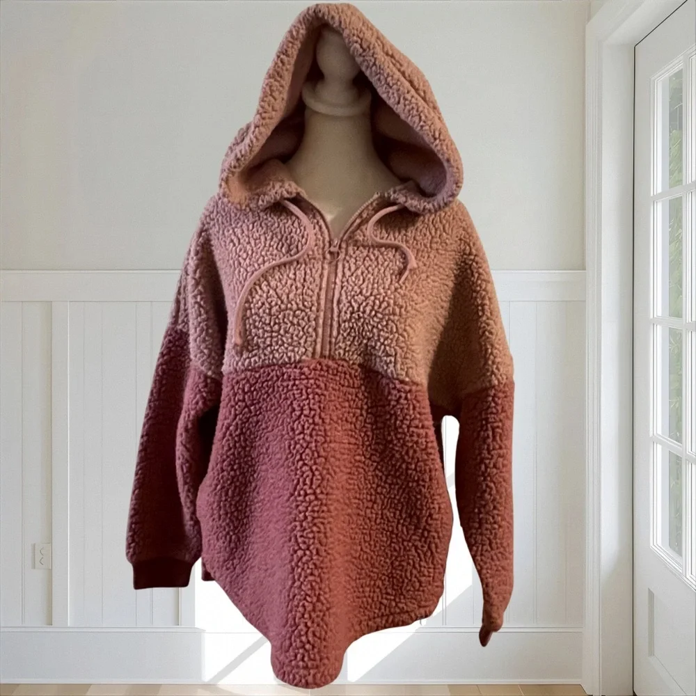 PINK VICTORIA'S SECRET Sherpa Fleece Half-Zip Hoodie Colorblock Pink XS Cozy - Picture 2 of 13